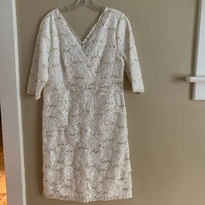 K Jordan Tiered Lace White & Gold Shimmer Dress, Size 12